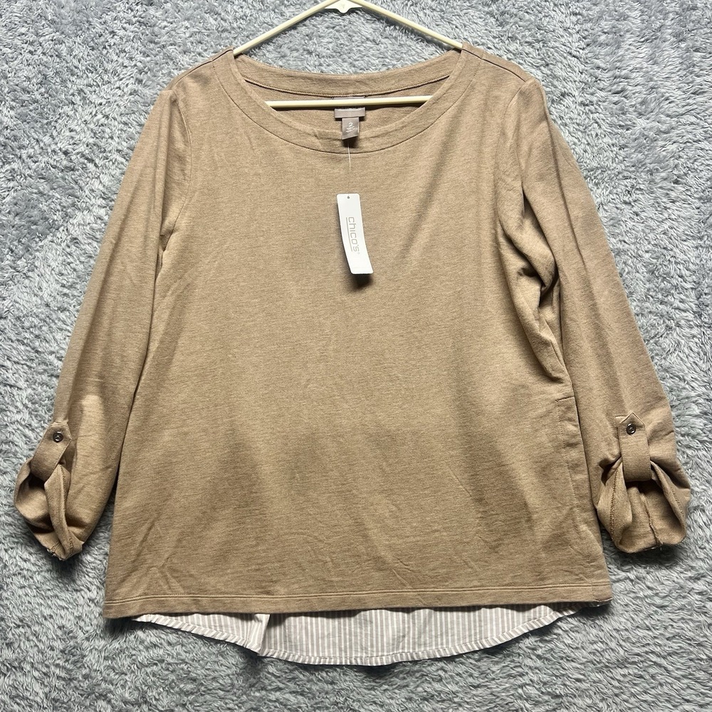 Chicos Top Women 2 US Large Tan Stripe Underlay Layered Roll Tab High Low Preppy